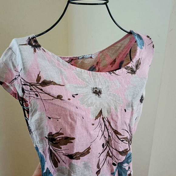 NWT PURO LINO 100% Linen Dress Made in Italy Floral Print Cap Sleeve Pockets M - Picture 6 of 17